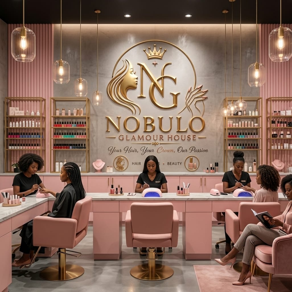 Nail bar with blush chairs and gold shelving